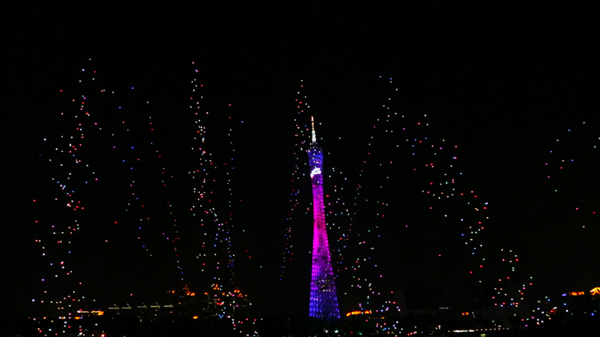 1000 EHang UAVs flying towards the night sky of the Canton Tower like fireworks 1000 EHang UAVs flying towards the night sky of the Canton Tower like fireworks